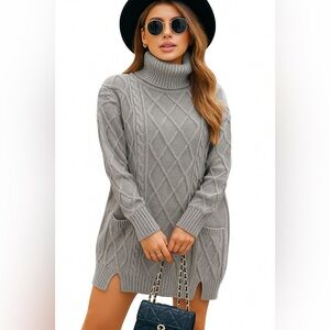 ZAFUL Gray Cable Knit Turtleneck Sweater Mini Dress‎ Size S NWT